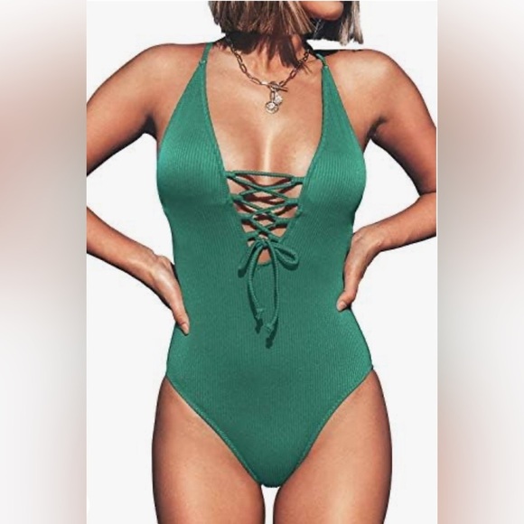 Cupshe Solid Green Ribbed One Piece Swimsuit XL Plunge Neck Adjustable Straps - Picture 1 of 11